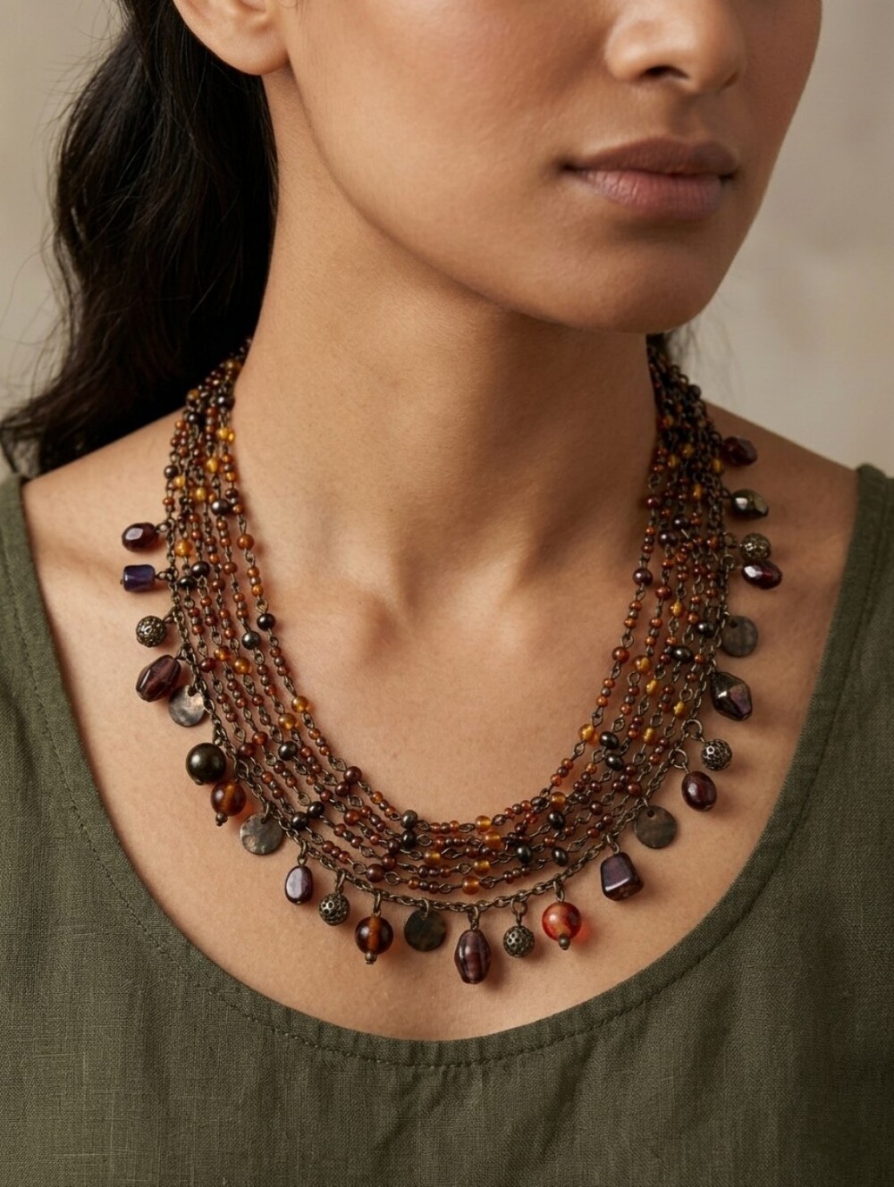 Vintage Multistrand Amber Glass Bead Necklace with Dangle Charms size 17"